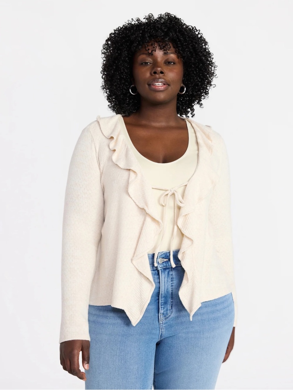 Terra & Sky Cream Ruffle-Front Open Cardigan